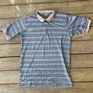 Vintage Men's 90's Red Blue Tan Diamond Golf Polo Collared Shirt Size. L